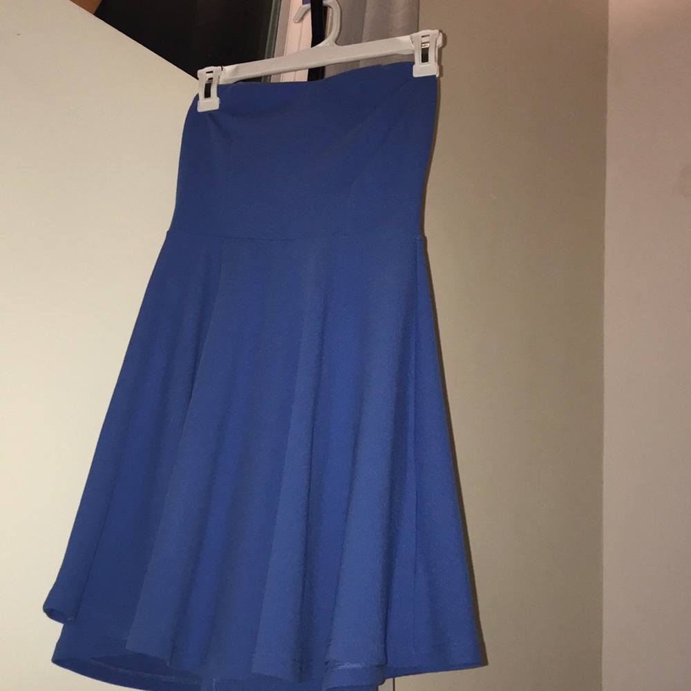 pleated blue strapless dress with open back